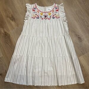 Shop White Pleated Crewneck Sundress with Floral Embrodiery